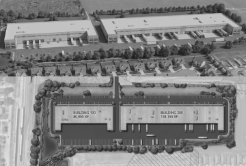 Poinciana Industrial Aerial rendering stacked on top of a top view site plan of the same buildings showing building 100 at 80,850 SF and Building 200 at 138,150 SF