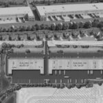 Poinciana Industrial Aerial rendering stacked on top of a top view site plan of the same buildings showing building 100 at 80,850 SF and Building 200 at 138,150 SF