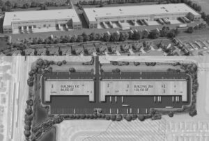 Poinciana Industrial Aerial rendering stacked on top of a top view site plan of the same buildings showing building 100 at 80,850 SF and Building 200 at 138,150 SF