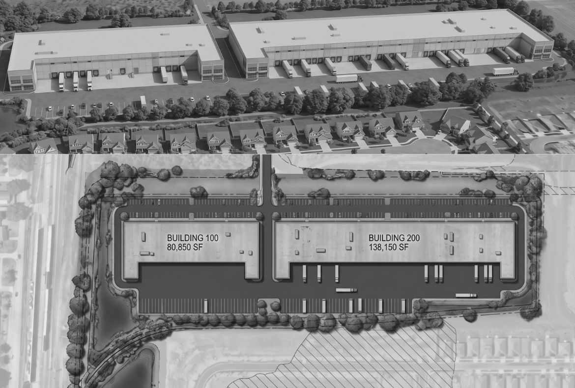 Poinciana Industrial Aerial rendering stacked on top of a top view site plan of the same buildings showing building 100 at 80,850 SF and Building 200 at 138,150 SF