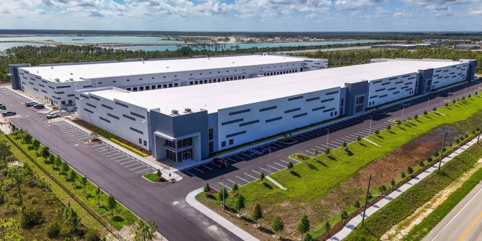 Drone Exterior shot of whole building of Alico ITEC Logistics Park Class-A industrial space